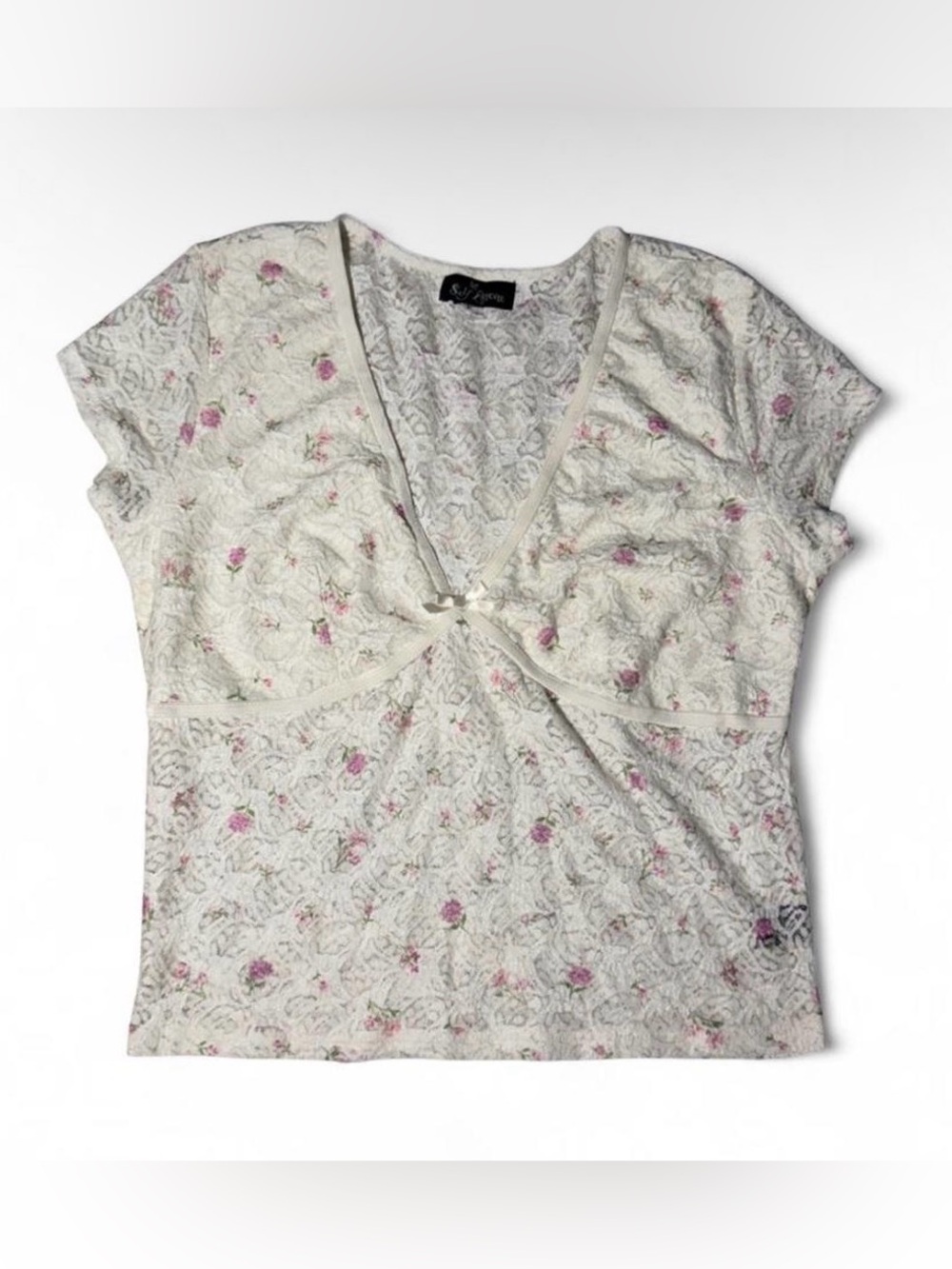 Vintage Y2K Self Esteem white floral v neck sheer top with velvet bow 🪩